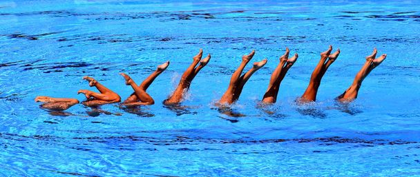 Synchronized Swimmers point up out of the water in action. Synchronized swimmers legs movement. Synchronized swimming team performing a synchronized routine of elaborate moves in the water. - Photo, Image