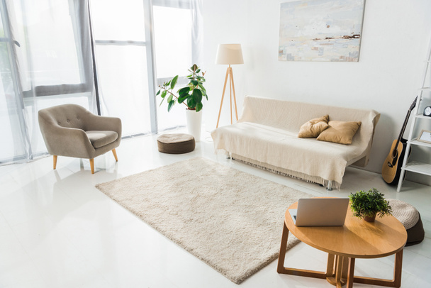 belső tér modern nappalival, laptop, a szőnyegen és bútorokon  - Fotó, kép