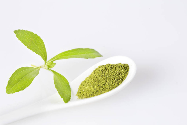 Stevia Rebaudiana and sugar in a spoon. Fresh leaves - Foto, afbeelding