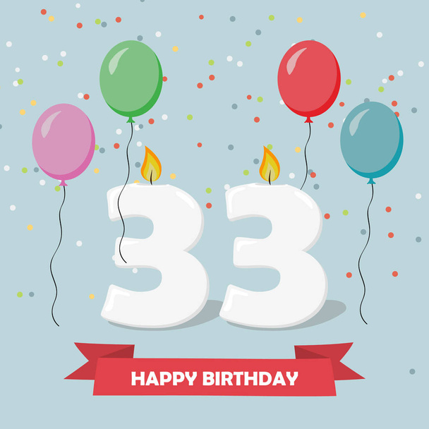 33 χρόνια επέτειο ευχετήρια κάρτα με κεριά, μπαλόνια και κομφετί. - Διάνυσμα, εικόνα