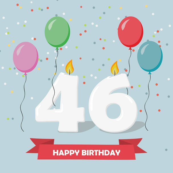 46 Jahre Selbsthilfe. Glückwunschkarte zum Geburtstag mit Kerzen, Konfetti und Luftballons. - Vektor, Bild