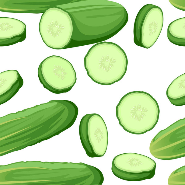 Naadloze patroon. Verse komkommer, geheel en segmenten. Rijpe groene plantaardige komkommer, ronde segment maaltijd. Platte vectorillustratie op witte achtergrond. - Vector, afbeelding
