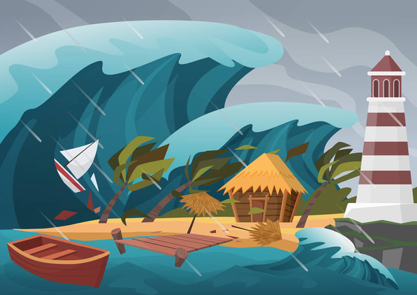 Natural strong disaster with rain and tsunami waves from ocean with wooden dock, house, palms and lighthouse. - Vektor, Bild
