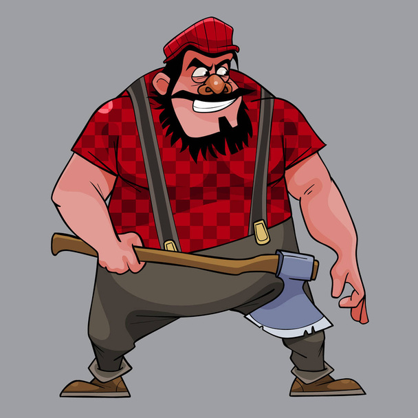 cartoon treacherous man big guy with an ax on a gray background - Vektör, Görsel