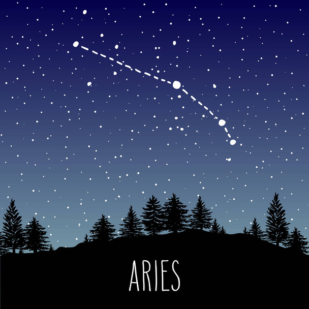 Aries - hand drawn Zodiac sign constellation in a starry night sky over the coniferous forest. Vector graphics astrology illustration. Western horoscope mystic symbol in nature. - Vector, Imagen