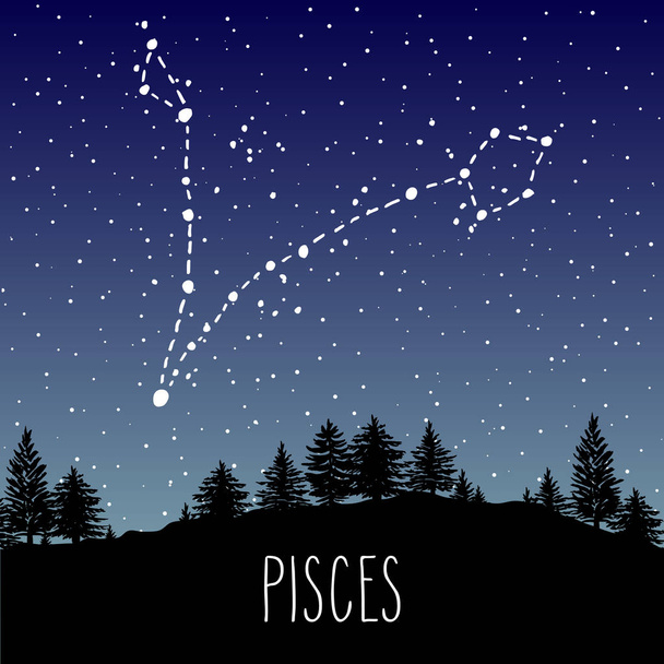 Pisces hand drawn Zodiac sign constellation in a starry night sky over the coniferous forest. Vector graphics astrology illustration. Western horoscope mystic symbol in nature. - Vetor, Imagem