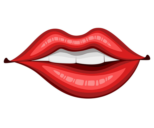 Червоні губи кусаються. Плоский стиль рот і губи. Поцілунок сексуальний логотип значок для картки. Векторні ілюстрації ізольовані на білому тлі
. - Вектор, зображення
