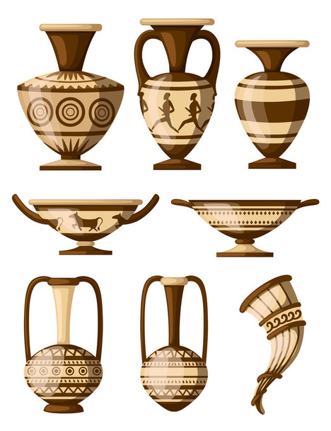 ギリシャ陶器のアイコンのコレクション。パターン、リュトン、kylix のアンフォラ。ギリシャやローマの文化。茶色の色とパターン。白い背景で隔離のフラット ベクトル図. - ベクター画像