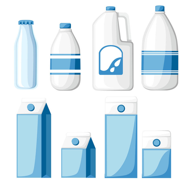 De collectie van de containers van de melk. Kartonnen doos, plastic en glas fles. Sjabloon voor melk. Platte vectorillustratie geïsoleerd op witte achtergrond. - Vector, afbeelding