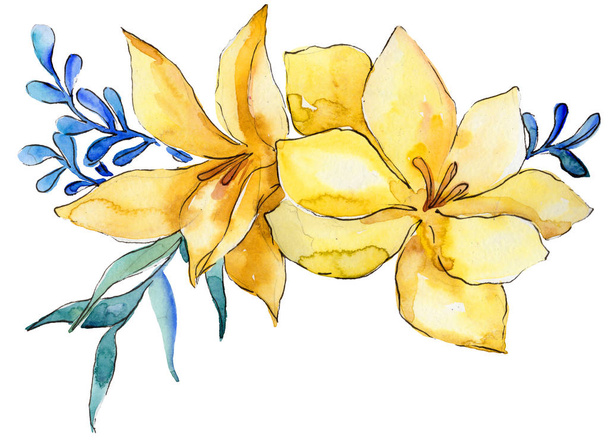 Květinový akvarel žlutá kytice. Květinové botanické květin. Izolované ilustrace prvek. Aquarelle wildflower pro pozadí, textura, souhrnný vzorek, rám nebo hranice. - Fotografie, Obrázek