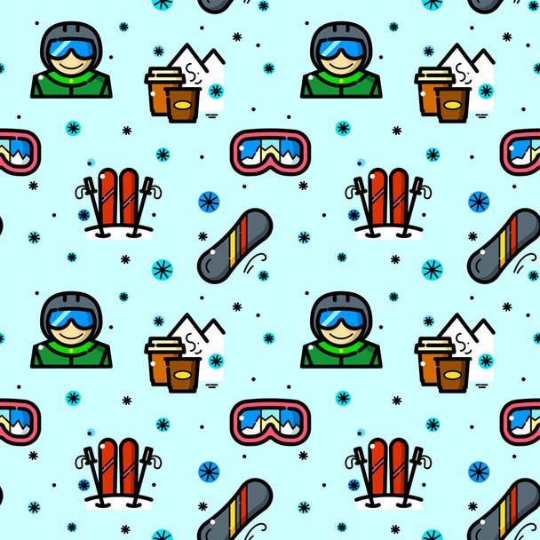 Snowboarding pattern with objects in line style, winter sport vector illustration - Vetor, Imagem