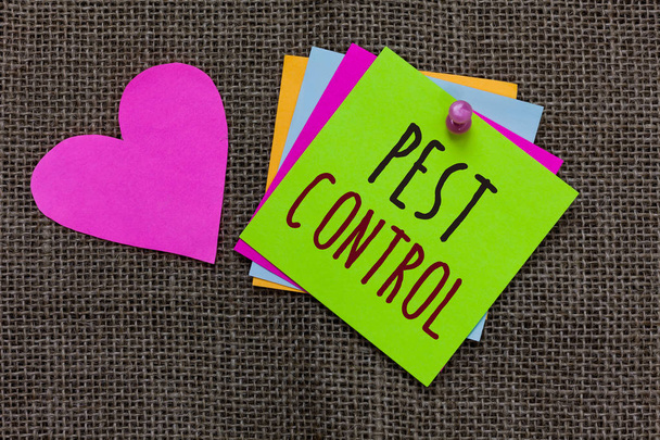 Handwriting text Pest Control. Concept meaning Killing destructive insects that attacks crops and livestock Paper notes Important reminders Romantic lovely message Jute background. - Photo, Image
