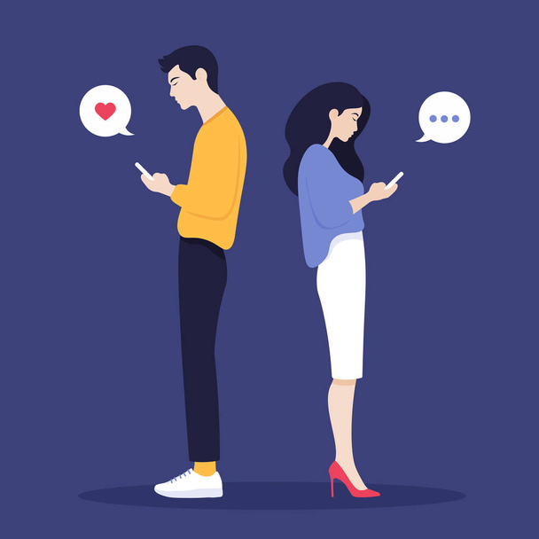 A woman and a man stand in profile and look in their phones. Smartphones and technologies. Communication. Vector Flat Illustration - Vector, Image