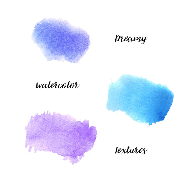Sininen, turkoosi ja violetti akvarelli tahrat eristetty valkoinen. Käsin maalatut kuviot
 - Valokuva, kuva