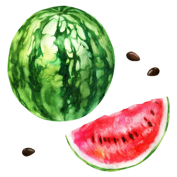 Watercolor illustration, set. Watermelon a piece of watermelon - Valokuva, kuva