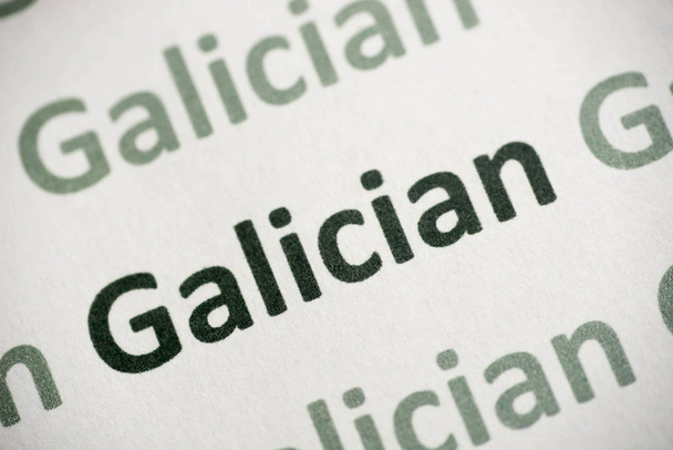wyraz język Galicyjski drukowany na białym papierze makro - Zdjęcie, obraz