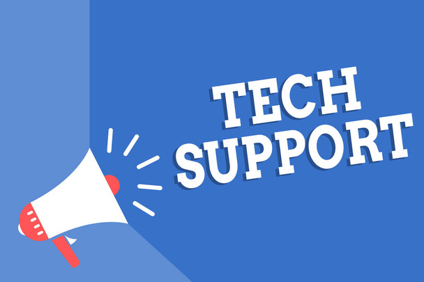 Tekst pisma ręcznego pisania Tech Support. Koncepcję co oznacza wspieranie osób, którzy mają problemy techniczne megafon głośnik niebieskie tło ważny komunikat mówiąc głośno. - Zdjęcie, obraz