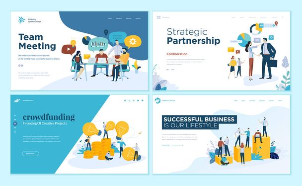 Set of web page design templates for our team, meeting and brainstorming, strategic partnership, crowdfunding, business success. Modern vector illustration concepts for website and mobile website development.  - Vector, Image