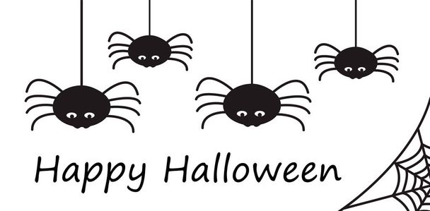 Boldog Halloween-kártya vagy határ stilizált fekete pókok lóg a web kalligráfia, fehér háttér, egyszerű rajzfilm vektoros illusztráció - Vektor, kép