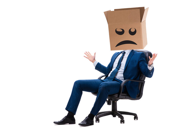 Επιχειρηματίας με κουτί και δυστυχισμένο πρόσωπο - Φωτογραφία, εικόνα
