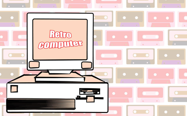 Old vintage retro hipster antique gaming desktop computer and a retro computer inscription from the 70's, 80's, 90's on a background of audio cassettes. Vector illustration - Vector, Image