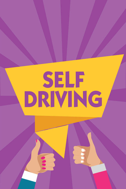 Szöveg jel mutatja, önálló vezetés. Fogalmi fénykép autonóm jármű képes navigálni anélkül, hogy emberi bemeneti férfi nő kezet remek jóváhagyási beszéd buborék origami sugarak háttér. - Fotó, kép