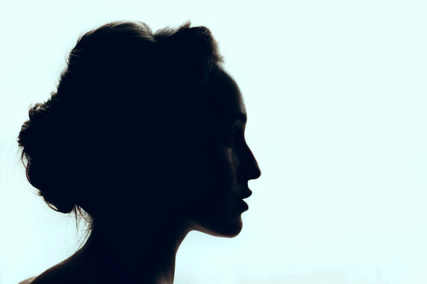 Silhouette of beautiful young woman with a beautiful hairdo - Foto, afbeelding