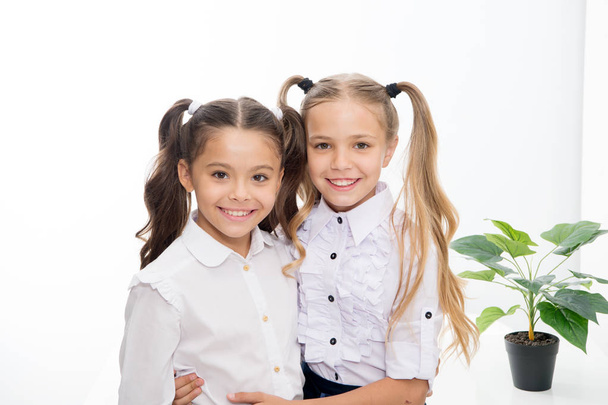Back to school. Happy little girls in uniform. Back to school concept. Little girls with stylish hair isolated on white. - Foto, afbeelding
