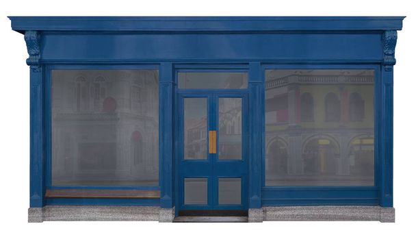 Fronte negozio blu mascherato con un frontale in legno decorato. Vista di caricamento isolata su sfondo bianco
 - Foto, immagini