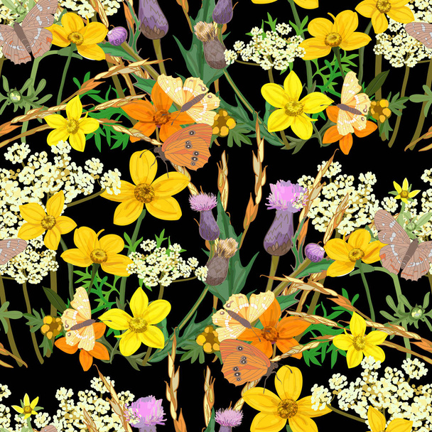 Безшовний візерунок з польових квітів і метеликів, Векторні ілюстрації
. - Вектор, зображення