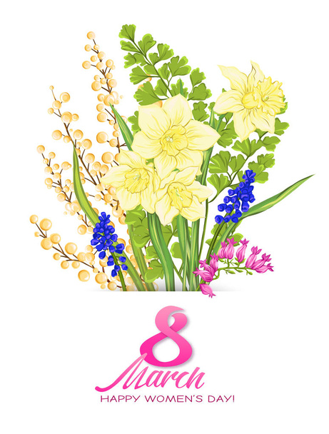 Bouquet of spring flowers for 8 March. Colorful realistic vector illustration - Vector, afbeelding