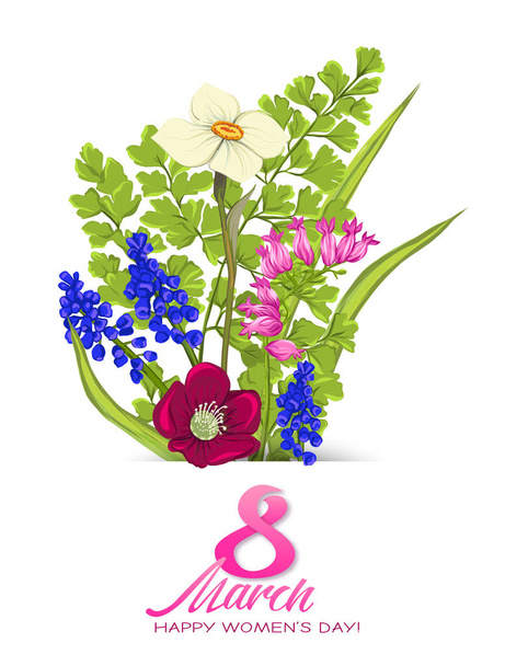 Bouquet of spring flowers for 8 March. Colorful realistic vector illustration - Vettoriali, immagini