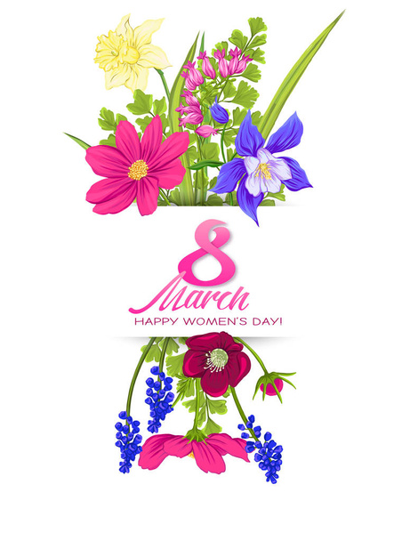 Bouquet of spring flowers for 8 March. Colorful realistic vector illustration - Vector, imagen