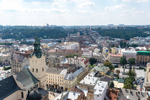 Lviv, Ukraine - August 23, 2018: Landmarks in the center of Lviv - old city in the Western part of Ukraine. View from the City Hall Tower. - Photo, Image