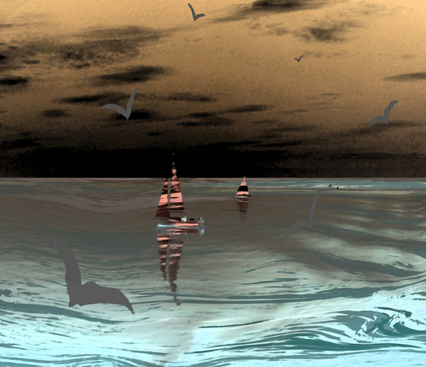 Футуристический морской пейзаж с волнистой поверхностью воды, облачное небо, летающие чайки, парусные лодки
 - Фото, изображение