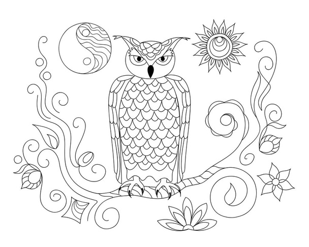 Coloring page with hand drawn patterned owl on the twig and yin yang sun symbol for adult antistress coloring book, album, wall mural, tattoo template. eps 10 - Vecteur, image