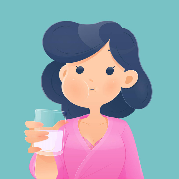 Egészséges, boldog nő öblít és gargalizál, miközben szájvizet használ egy pohárból. A napi szájhigiéniai rutin során. Fogászati egészség koncepció, vektor és illusztráció - Vektor, kép