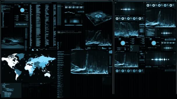 Futuristic digital interface screen. Streaming and flashing computer interface with map, satellite images and network status, levels and spectrum of signals, Extremely detailed. geopolitical situation monitor. Command center screen. - Footage, Video