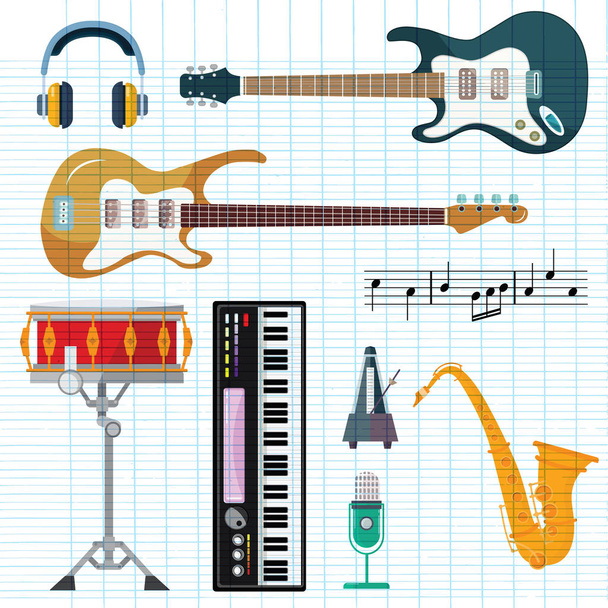 Gitar, synthesizer piyano ve davul İstasyonu vektör simgeler. Dize, Rüzgar ve anahtar izole ARP, sax veya saksofon, orkestra veya jazz müzik için müzik aletleri - Vektör, Görsel