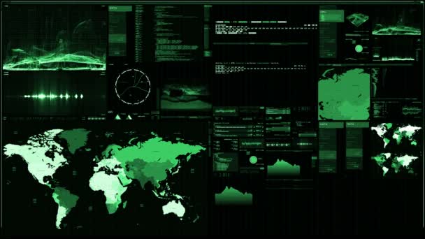 Fütüristik dijital arabirimi ekran. Akarsu ve bilgisayar arayüzü harita, uydu görüntüleri ve ağ durumu, düzeyleri ve sinyalleri spektrumu ile yanıp sönen, son derece detaylı. jeopolitik durum İzleyicisi. Komut Merkezi ekran. - Video, Çekim