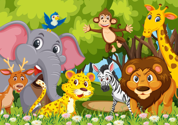Group of animals in jungle illustration - Vector, Image