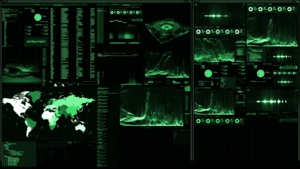 Futuristic digital interface screen. Streaming and flashing computer interface with map, satellite images and network status, levels and spectrum of signals, Extremely detailed. - Footage, Video