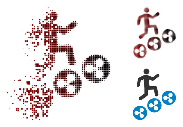 Man climb Ripple coins icon in fractured, dotted halftone and undamaged entire variants. Fragments are organized into vector dissipated man climb Ripple coins figure. - Vector, Image