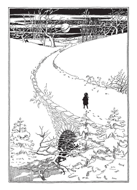 Scena nevosa in cui un bambino cammina lungo un ponte coperto di neve di notte, disegno a linee vintage o illustrazione dell'incisione
. - Vettoriali, immagini