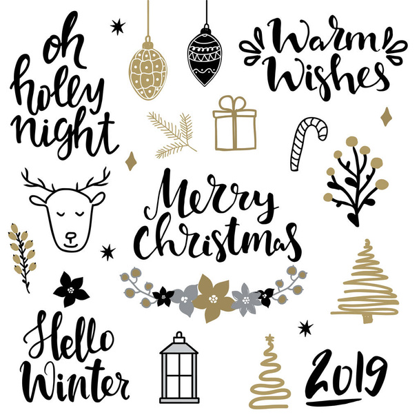 Set of christmas design elements and hand written lettering about christmas and winter holidays. Holly night, merry christmas, warm wishes, hello winter, 2019 hand written lettring phrases - ベクター画像