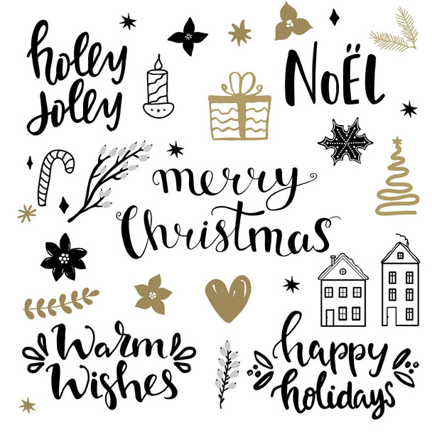 Set of christmas design elements and hand written lettering about christmas and winter holidays.Holly jolly,Noel,Merry christmas, warm wishes,happy holidays hand written lettering phrases - Вектор,изображение