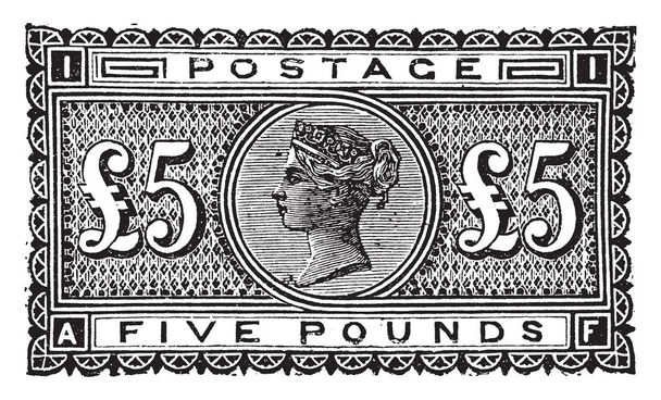 Velká Británie a Irsko pět libra razítko v roce 1882 který se používá v tomto období jsou označovány jako Velké Británii, v Irsku, vintage kreslení čar nebo gravírování obrázku. - Vektor, obrázek