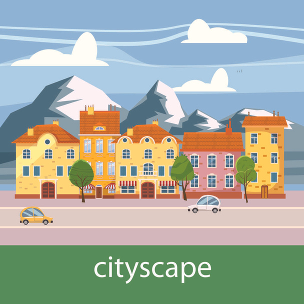 Χαριτωμένο cityscape, όμορφα σπίτια, style, απομονωμένες, διάνυσμα, εικονογράφηση, κινούμενα σχέδια - Διάνυσμα, εικόνα