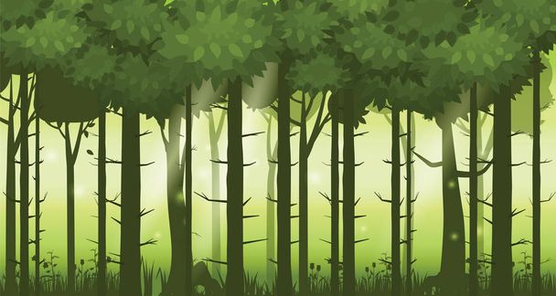 Cartoon illustration of background forest (en inglés). Bosques brillantes, silhouttes, árboles con arbustos, helechos y flores. Para juegos de diseño, aplicaciones, sitios web. Vector, estilo cadroon, aislado
 - Vector, imagen
