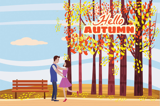 Hello autumn, Autumn alley, couple guy and girl characters met the path in the park, fall, autumn leaves, mood, lettering, color, vector, illustration, cartoon style, isolated - Vector, Image